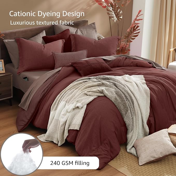 Monbix Full Size Comforter Set, Dark Red Bedding Comforter - Image 3
