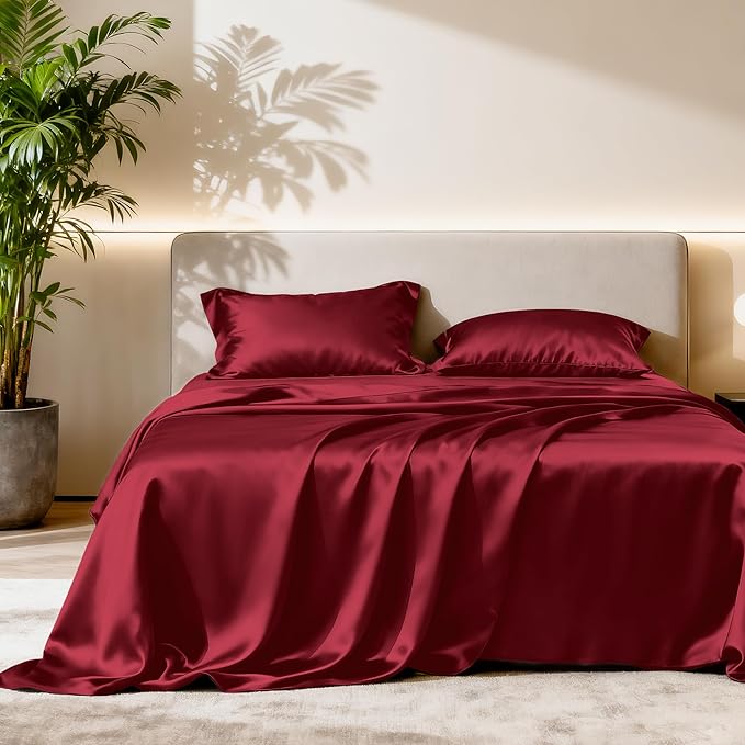 Love's cabin 4Piece California King Satin Bed Linen Set, Burgundy Silky Satin by Lovescabin