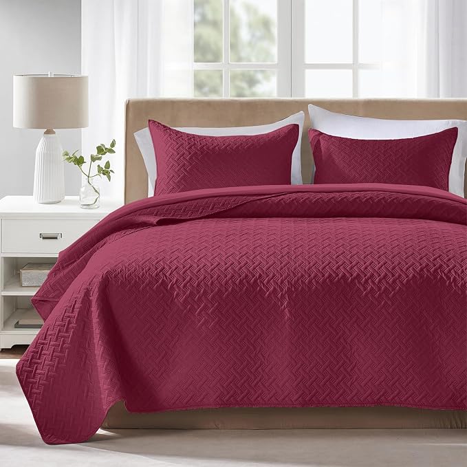 FLYMME Quilts Queen Size, Lightweight Burgundy Bedspreads, Basket Weave Pattern by FLYMME