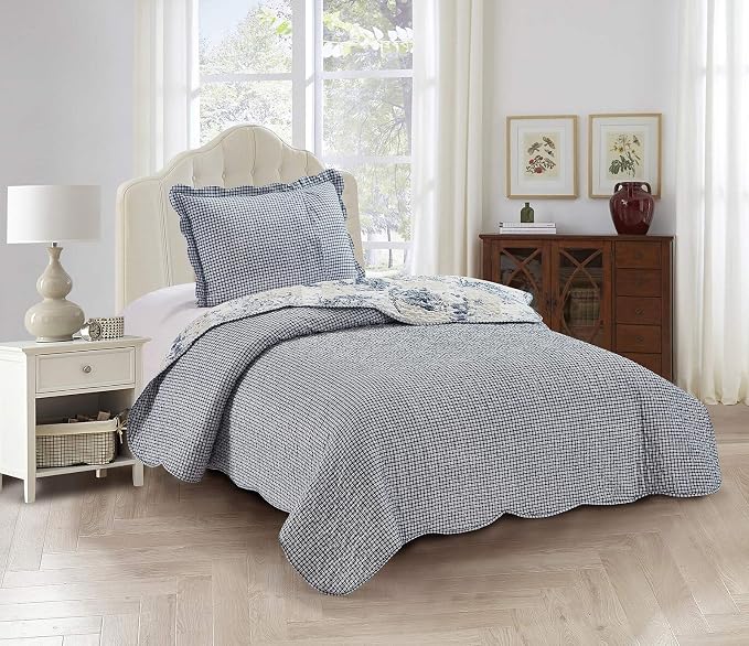 Brilliant Sunshine Blue Toile in Beige and Ivory Patches, 2-Piece Quilt Set - Image 2