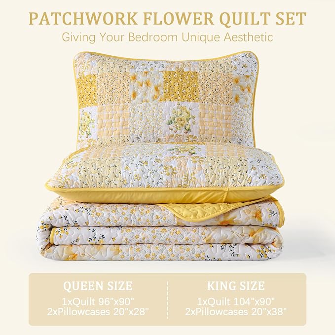 Mybedsoul Patchwork Quilts Queen Size, Soft Yellow Boho Floral Bedspreads - Image 7