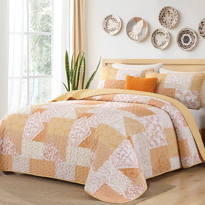 Mybedsoul Yellow Patchwork Quilt King Size, Soft Paisley Floral King Bedspreads by Mybedsoul
