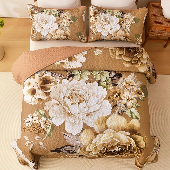 WONGS BEDDING Brown Floral Quilt Set King, 3 Pieces Reversible Lightweight - Image 3