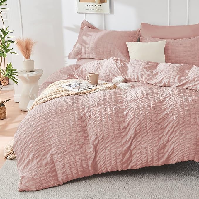 HYMOKEGE Rose Gold Full Size Comforter Sets Seersucker 7 Pieces, All Season - Image 2