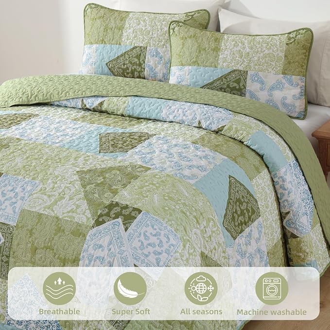 Mybedsoul Patchwork Quilt King Size, Soft Sage Green Paisley Floral King - Image 3