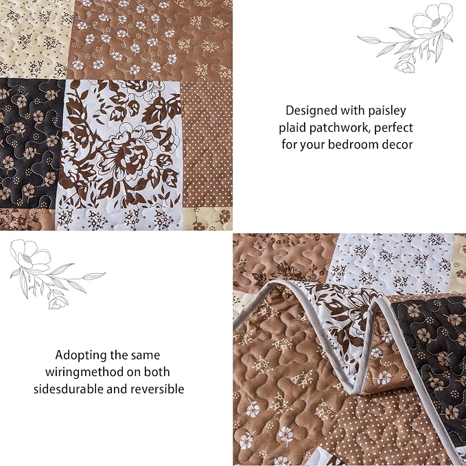 Mybedsoul Brown Patchwork Quilt Set California King Size, 3 Pieces Khaki Floral - Image 4