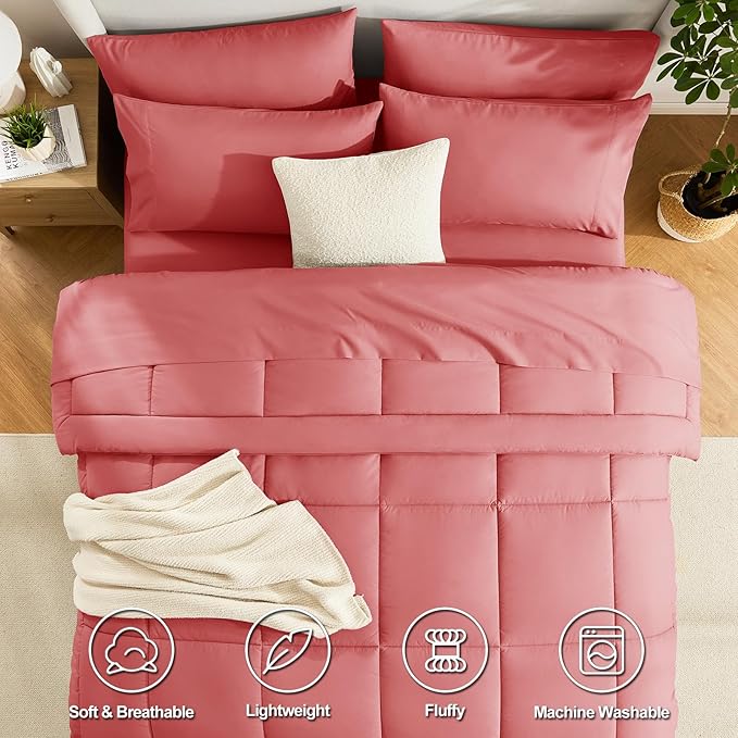 CozyLux Queen Comforter Set Coral, 7 Pieces Bed in a Bag, Coral Comforters - Image 2