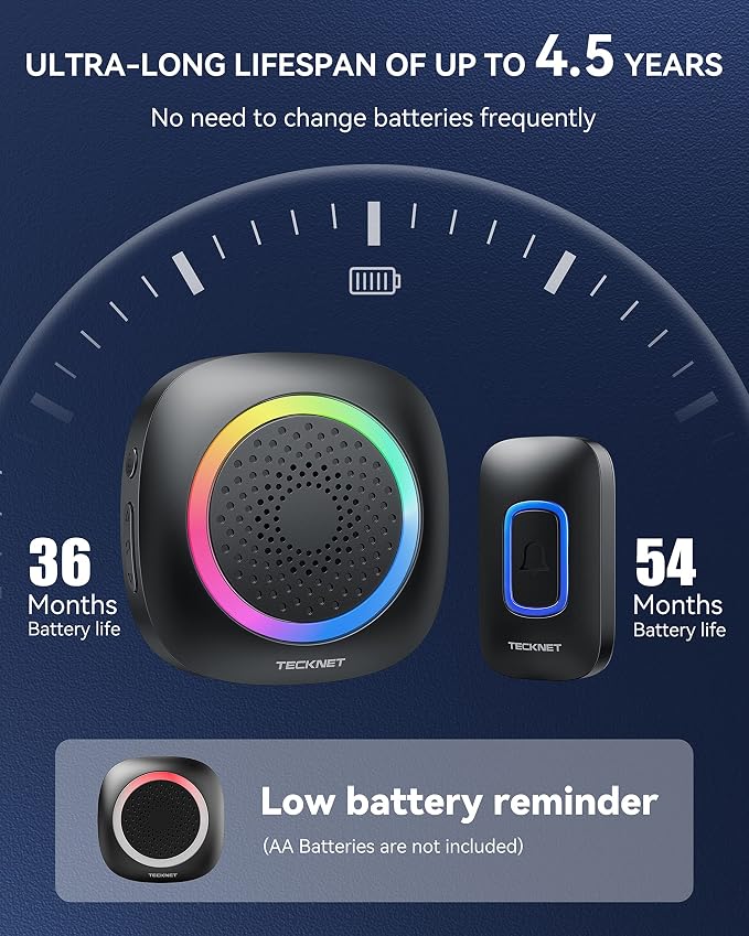 TECKNET Wireless Doorbell with 3 Portable Doorbells with RGB Light, Battery - Image 7