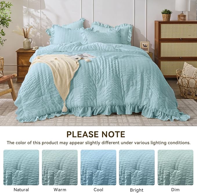 JOLLYVOGUE Light Blue Queen Comforter Set, 3 Pieces Seersucker Comforters Queen - Image 8