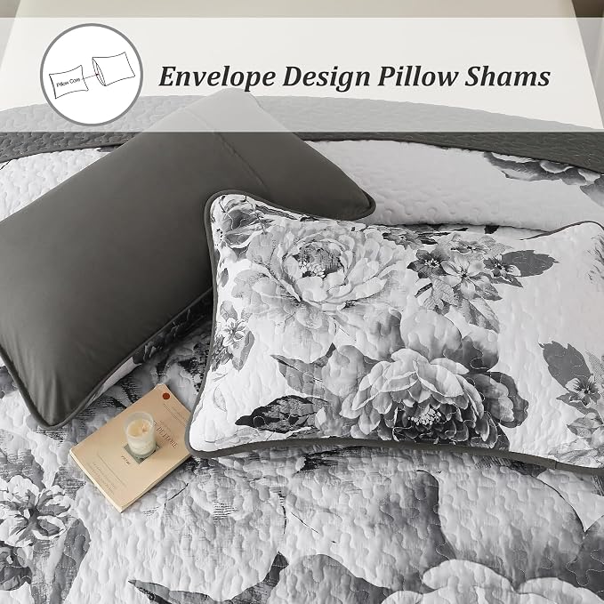 WONGS BEDDING Grey Boho Floral Quilt Set Queen, Elegant Gray Flower Bedspread - Image 6