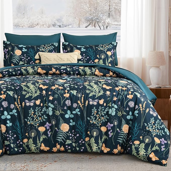 Yiran King Size Comforter Set 7 Pieces, Peacock Blue Botanical Floral Winter by Yiran
