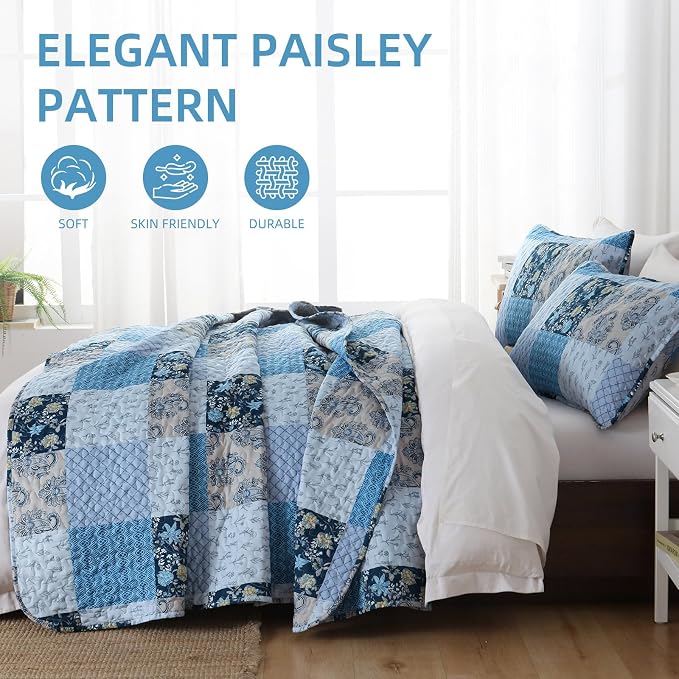 Xruibed Blue Quilt Set King Size 3 Pieces Plaid Floral Boho Bedspread Coverlet - Image 4