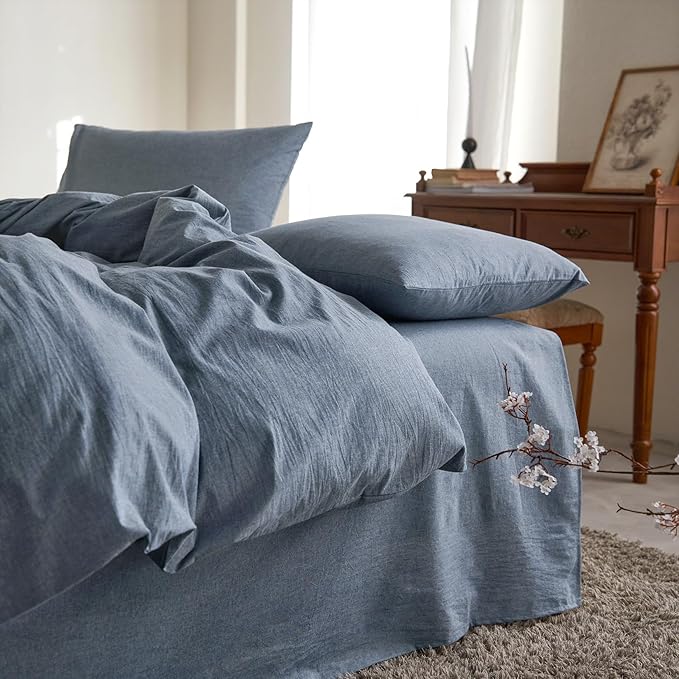 Wake In Cloud - Cotton Duvet Cover Set, Full Size, Chambray Denim Blue by WakeInCloud