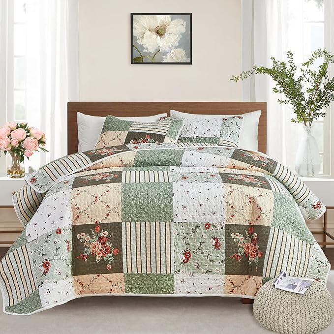 Patchwork Quilt Set Full/Queen Size, 3 Pieces Green Floral Plaid Summer by Flysheep