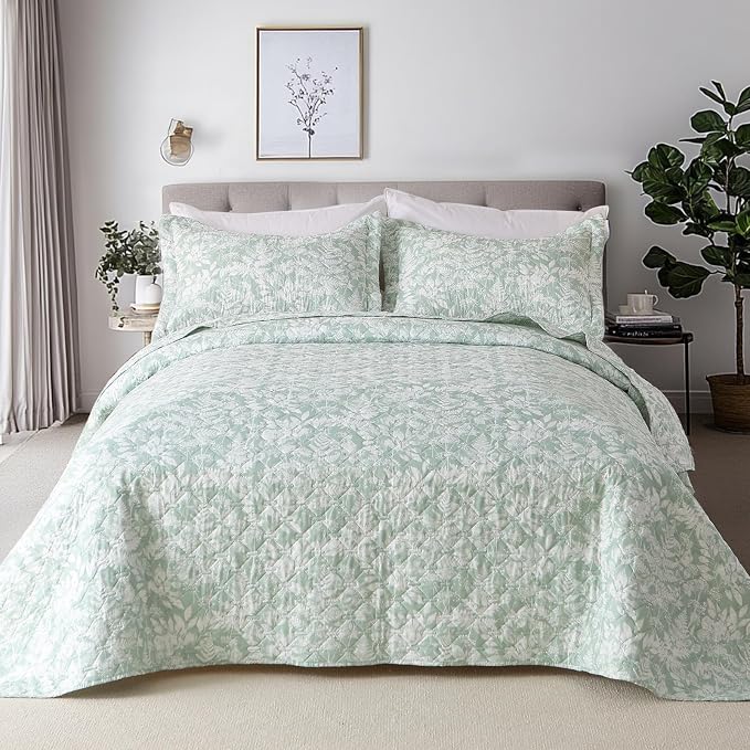 GOONE XL King Quilt Set 106"x96", Sage Green Leaf Botanical Boho Bedspread - Image 9