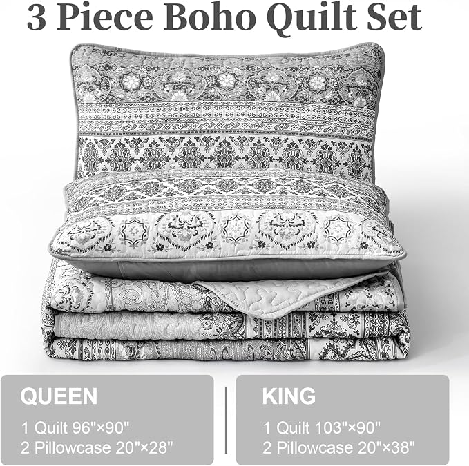 WONGS BEDDING Boho Queen Quilt Set, Lightweight Microfiber Bed Decor Bedspread - Image 6