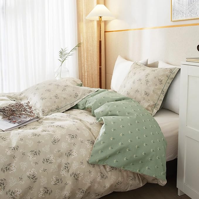 mixinni Duvet Cover Set Floral King Size Soft Cotton Bedding Flower Green - Image 2