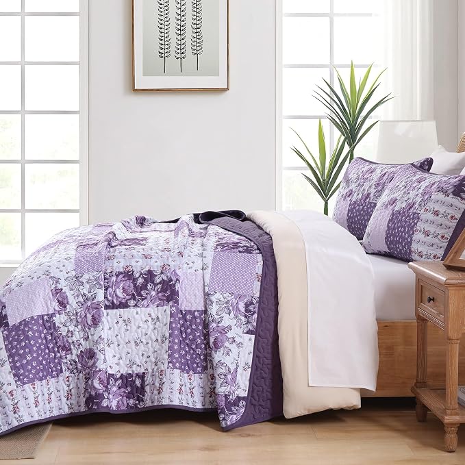 Anibedding Floral Patchwork Quilts Queen Size, 3Pieces Boho Farmhouse Floral - Image 4