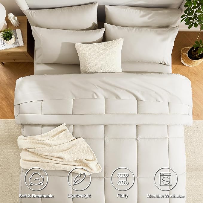 CozyLux Full Size Comforter Sets Oatmeal, 7 Pieces Bed in a Bag, Oatmeal - Image 2