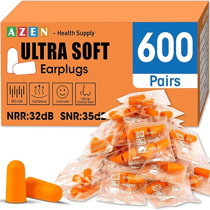 AZEN 600 Pairs Ear Plugs, NRR 32dB Soft Foam Ear Plugs by AZEN