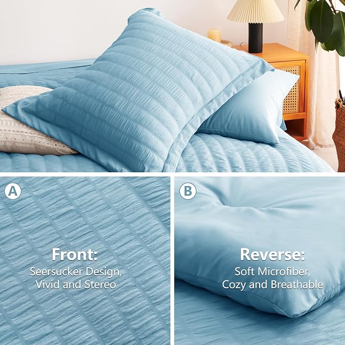 CozyLux Queen Comforter Set Sky Blue Seersucker 7 Pieces Bed in a Bag Queen - Image 4
