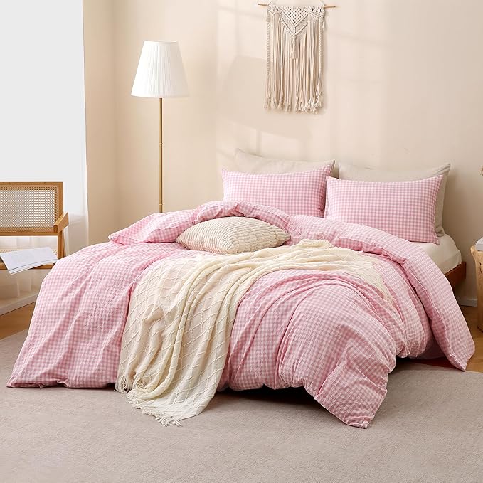 TOCOMOA Pink Gingham Duvet Cover Bedding Set 100% Washed Cotton Like Linen Feel - Image 2