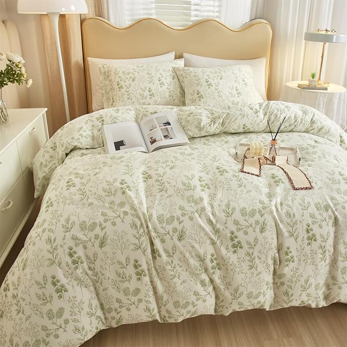 mixinni 3pcs Girls Boho Green Floral Duvet Cover Set King Size Cotton Soft - Image 5