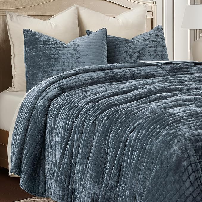 EVERGRACE Velvet Quilt Set King Size, Luxurious Soft Striped Channel Bedding Set - Image 6
