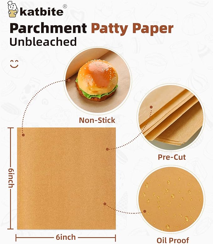 Katbite 300Pcs 6x6 Inches Patty Paper, Burger Patty Paper, Unbleached Parchment - Image 2