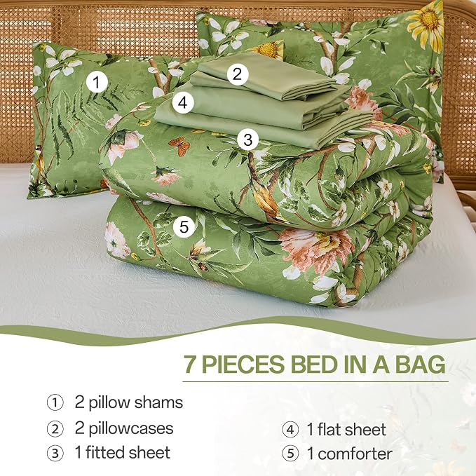 Yiran Sage Green Hibiscus Floral Comforter Set King Size, 7 Piece Bird Flowers - Image 9