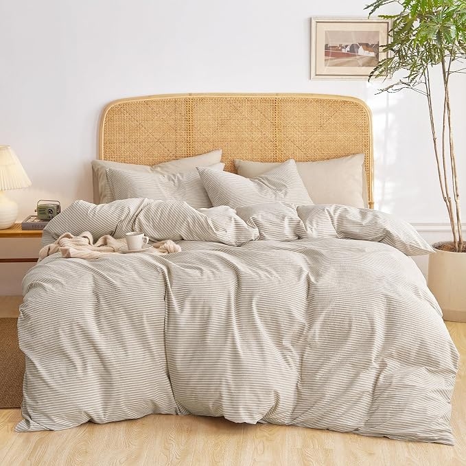 Wake In Cloud - Striped Cotton Duvet Cover Set, 100% Washed Cotton Textured - Image 4