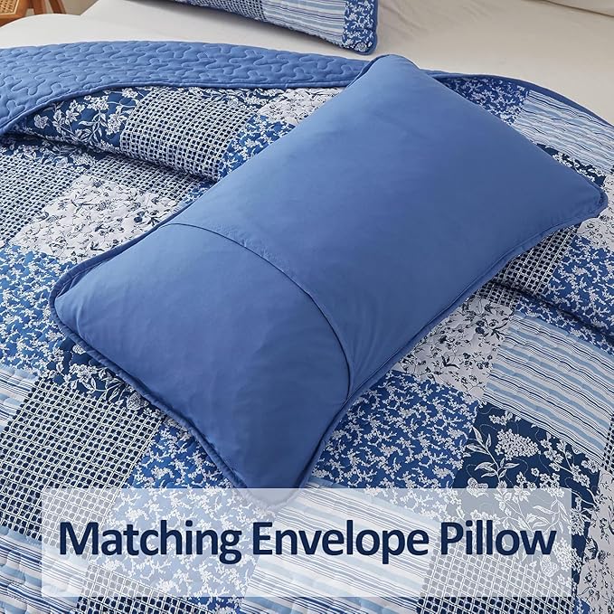 Mybedsoul Blue Quilt Set Twin Size, 2 Pieces Plaid Floral Bedspread Set - Image 5
