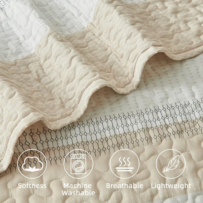 Andency California King Size Quilt Set Beige, 3 Pieces Beige Ultra Soft - Image 5