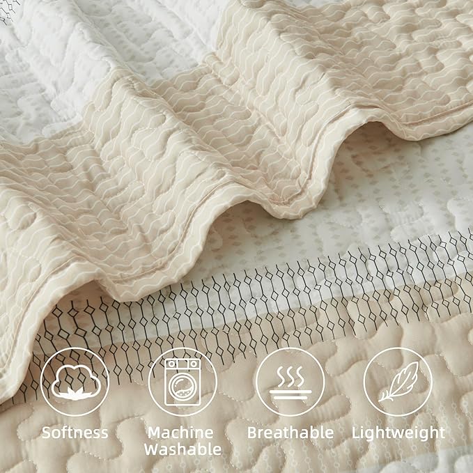 Andency Queen Quilt Bedding Set Beige, 3 Pieces Patchwork Beige Striped Ultra - Image 5
