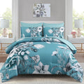 Luxudecor Floral Comforter Set Queen Size 7 Piece, Teal Blue Flower Bed in a Bag by Luxudecor