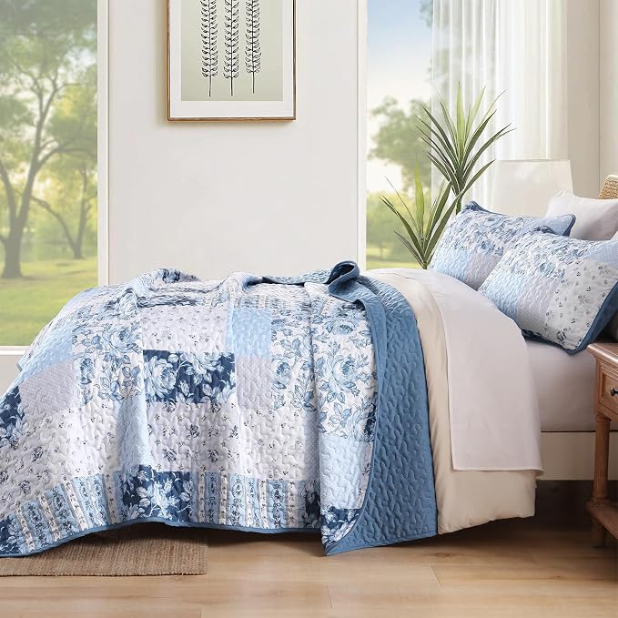 Anibedding Blue Patchwork Quilt Set Queen Size Boho Floral Plaid Bedspread - Image 3