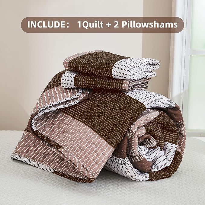 Andency King Size Quilt Set Brown, 3 Pieces Coffee Ultra Soft Lightweight - Image 7