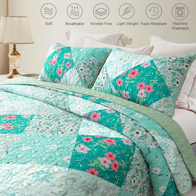 Whale Flotilla Patchwork Quilts Queen Size, Extra Soft Boho Floral Bedspreads - Image 3
