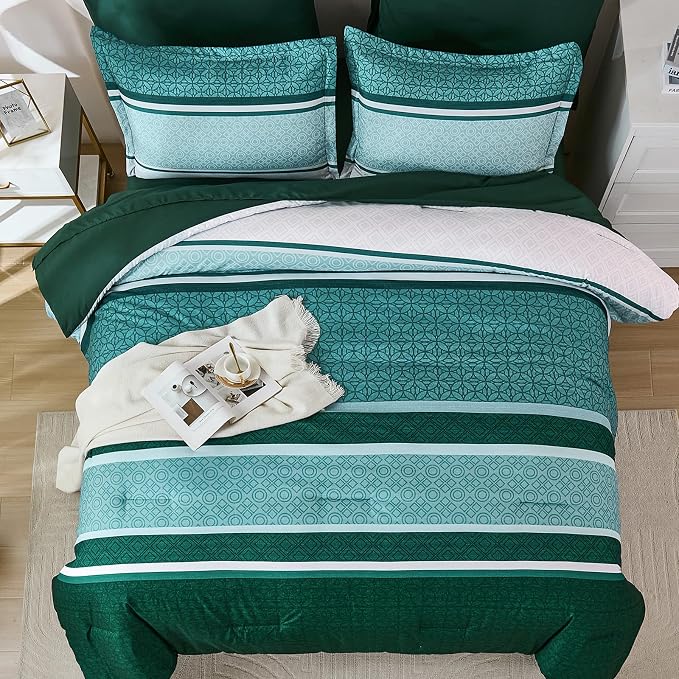 WONGS BEDDING 7 Pieces Comforter Set Queen Size, Emerald Green Boho Soft - Image 3