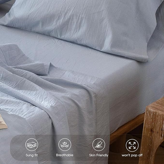 MooMee Fitted Bottom Sheet Only 100% Washed Cotton Linen Like Textured - Image 5