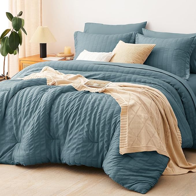 CozyLux King Size Comforter Set Mineral Blue Seersucker 7 Pieces Bed in a Bag by CozyLux