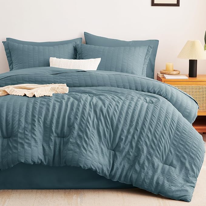 CozyLux King Size Comforter Set Mineral Blue Seersucker 7 Pieces Bed in a Bag - Image 9
