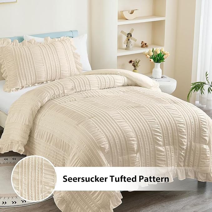 WONGS BEDDING Beige Comforter Set Full, 3 Pieces Ruffle Shabby Chic Comforter - Image 2