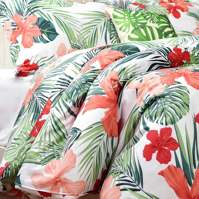 FADFAY Tropical Red Hibiscus Palm Leaves Duvet Cover Set Super Soft Summer - Image 6