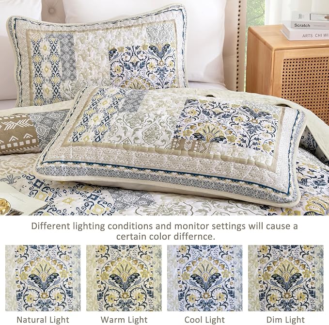 WONGS BEDDING Boho Quilt Set Queen, 3 Pieces Beige Patchwork Bedspread Coverlet - Image 5
