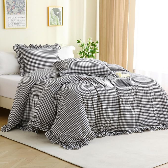 Silnuo Black/White Checkered Ruffle 3-Piece Duvet Cover Set Twin Size, Washed by Silnuo