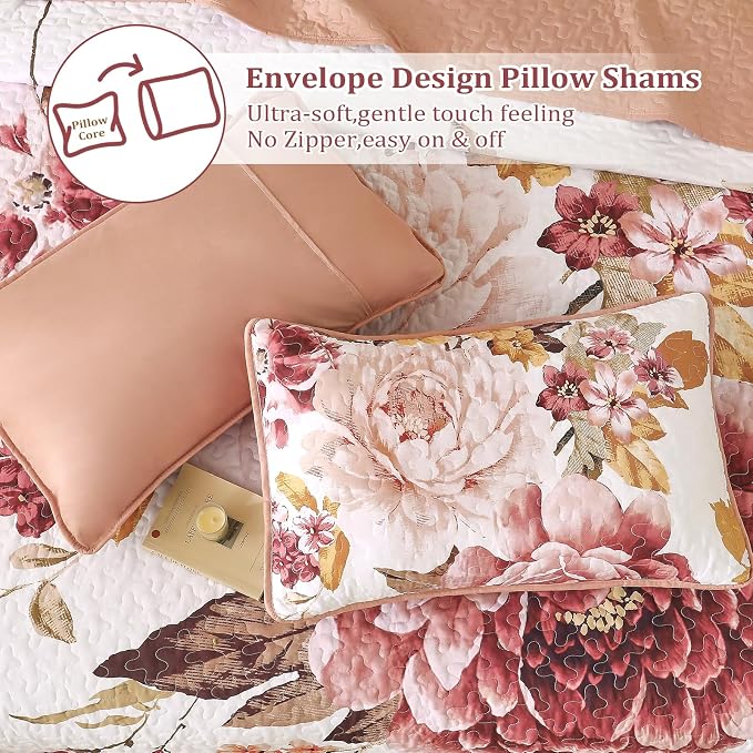 WONGS BEDDING Floral Quilt Set King, 3 Pieces Elegant Blush Flower Bedspread - Image 5