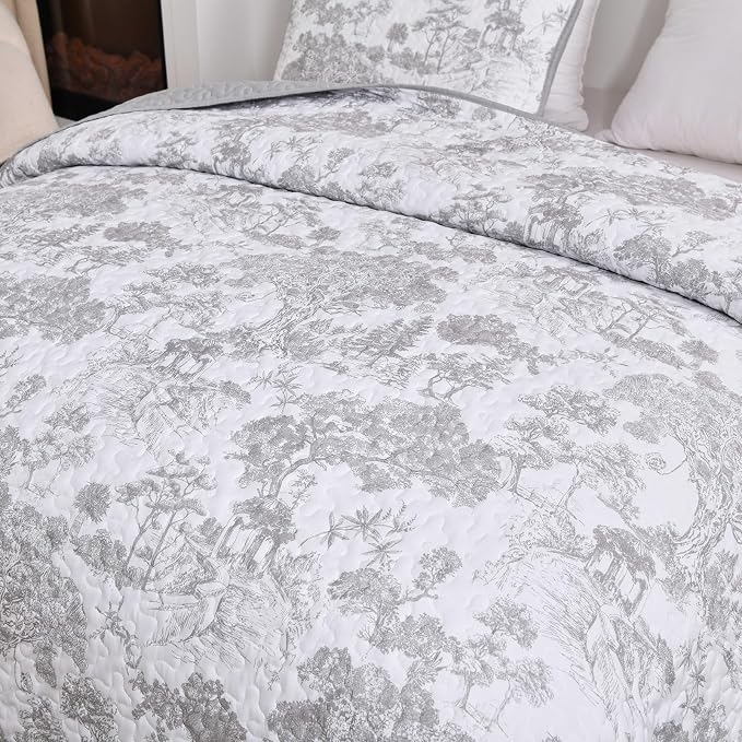 WONGS BEDDING Grey Quilt Set Twin Size, 2 Pieces Botanical Bedspreads Set - Image 6