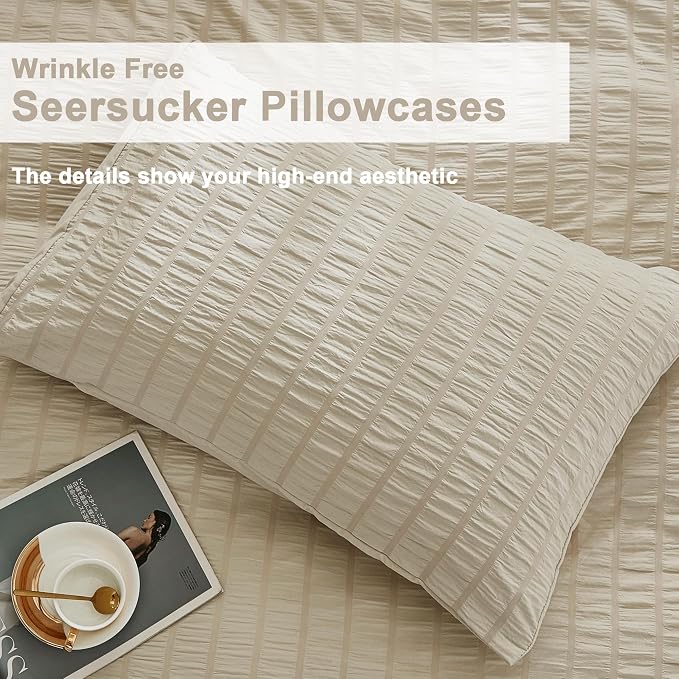 AveLom Beige Seersucker Duvet Cover Set King Size, 3 Pieces, Ultra Soft Washed - Image 6