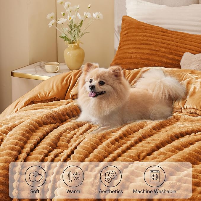 BEDELITE Fleece Queen Comforter Set -Super Soft & Warm Fluffy Rust Orange - Image 3